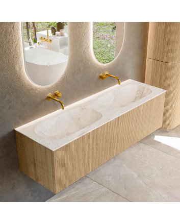 Mondiaz Kurve-Dlux 150cm badmeubel kleur Oak met 2 lades en 0 deuren. Wastafel Stor small Dubbel zonder kraangat Frappe.