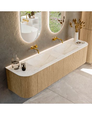 Mondiaz Kurve-Dlux 180cm badmeubel ronding Links + Rechts kleur Oak met 2 lades en 2 deuren. Wastafel Leaf Dubbel zonder kraangat Ostra.