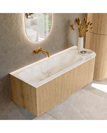 Mondiaz Kurve-Dlux 125cm badmeubel ronding Rechts kleur Oak met 1 lade en 1 deur. Wastafel Big medium Links zonder kraangat Frappe.