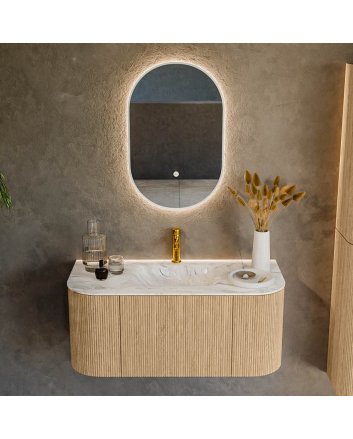 Mondiaz Kurve-Dlux 100cm badmeubel ronding Links + Rechts kleur Oak met 1 lade en 2 deuren. Wastafel Grunne Midden 1 kraangat Glace.