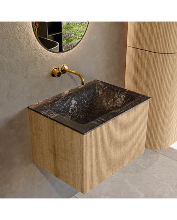 Mondiaz Kurve-Dlux 60cm badmeubel kleur Oak met 1 lade en 0 deuren. Wastafel Cloud Midden zonder kraangat Lava.