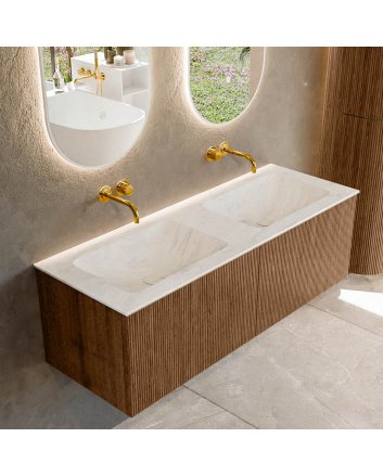 Mondiaz Kurve-Dlux 130cm badmeubel kleur Walnut met 2 lades en 0 deuren. Wastafel Leaf Dubbel zonder kraangat Opalo.