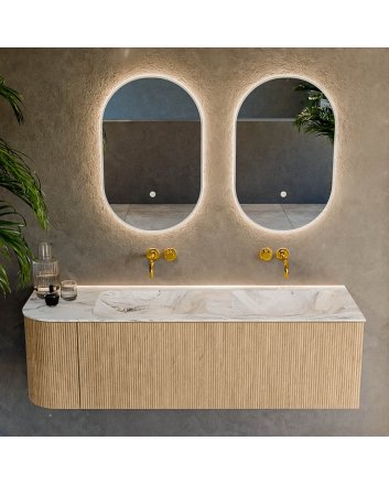 Mondiaz Kurve-Dlux 145cm badmeubel ronding Links kleur Oak met 1 lade en 1 deur. Wastafel Leaf Dubbel / Rechts zonder kraangat Glace.