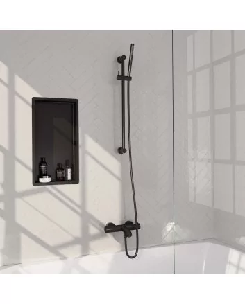 BRAUER Black Carving opbouw baddouche thermostaatkraan SET 01 met glijstang en staaf handdouche en doucheslang mat zwart