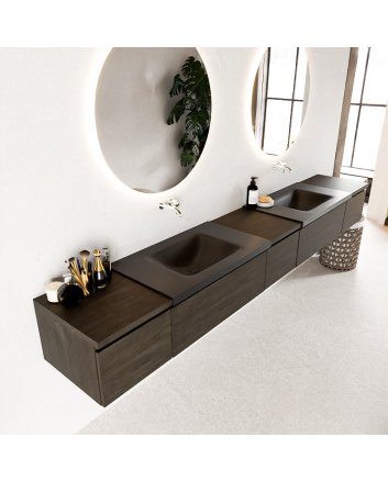 Mondiaz Bukla 280cm badmeubel met module 40 kleur Dark Brown met 5 lades. Wastafel Cloud dubbel 0 kraangaten kleur Urban.