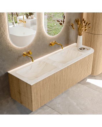 Mondiaz Kurve-Dlux 145cm badmeubel ronding Rechts kleur Oak met 1 lade en 1 deur. Wastafel Leaf Dubbel / Links zonder kraangat Ostra.
