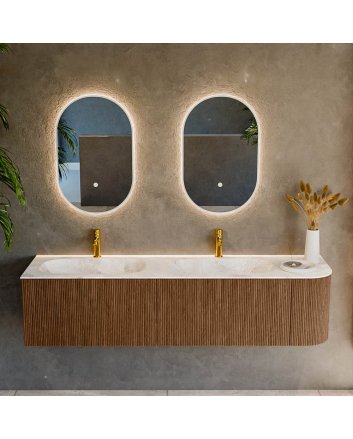 Mondiaz Kurve-Dlux 175cm badmeubel ronding Rechts kleur Walnut met 2 lades en 1 deur. Wastafel Stor small Dubbel / Links 2 kraangaten Frappe.