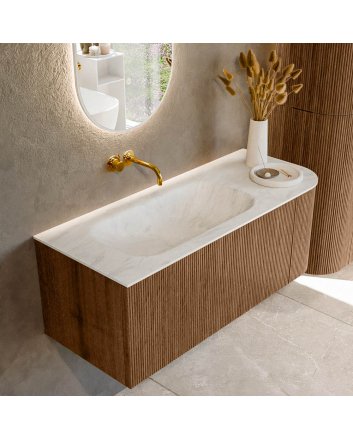 Mondiaz Kurve-Dlux 115cm badmeubel ronding Rechts kleur Walnut met 1 lade en 1 deur. Wastafel Big small Links zonder kraangat Opalo.