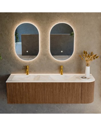 Mondiaz Kurve-Dlux 155cm badmeubel ronding Rechts kleur Walnut met 2 lades en 1 deur. Wastafel Leaf Dubbel / Links 2 kraangaten Ostra.