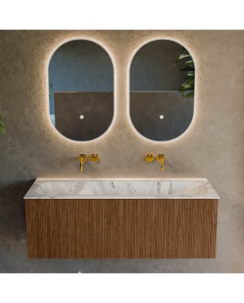Mondiaz Kurve-Dlux 120cm badmeubel kleur Walnut met 1 lade en 0 deuren. Wastafel Big large Midden zonder kraangat Glace.