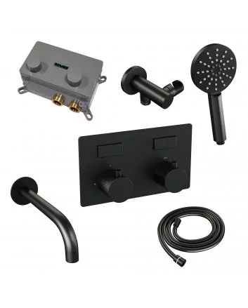 BRAUER Black Carving thermostatische inbouw badkraan met drukknoppen SET 04 met uitloop en 3-standen handdouche en doucheslang en wandaansluitbocht mat zwart