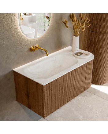 Mondiaz Kurve-Dlux 95cm badmeubel ronding Rechts kleur Walnut met 1 lade en 1 deur. Wastafel Big small Links zonder kraangat Ostra.