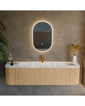 Mondiaz Kurve-Dlux 170cm badmeubel ronding Links + Rechts kleur Oak met 1 lade en 2 deuren. Wastafel Big large Midden 1 kraangat Glace.