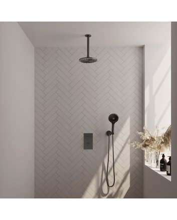 BRAUER Gunmetal Carving thermostatische inbouw regendouche 3-weg omstelling SET 35 met 20 cm douchekop en plafondarm en 3-standen handdouche en doucheslang en wandaansluitbocht gunmetal geborsteld PVD