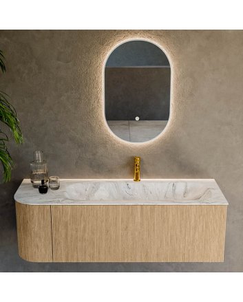Mondiaz Kurve-Dlux 135cm badmeubel ronding Links kleur Oak met 1 lade en 1 deur. Wastafel Big medium Rechts 1 kraangat Glace.