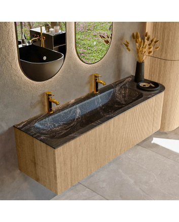 Mondiaz Kurve-Dlux 145cm badmeubel ronding Rechts kleur Oak met 1 lade en 1 deur. Wastafel Big large Links 2 kraangaten Lava.