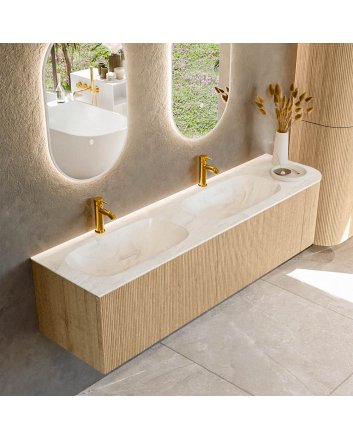Mondiaz Kurve-Dlux 175cm badmeubel ronding Rechts kleur Oak met 2 lades en 1 deur. Wastafel Stor small Dubbel / Links 2 kraangaten Ostra.