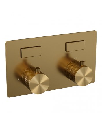 BRAUER Gold Carving thermostatische inbouw regendouche met drukknoppen SET 52 met 30 cm douchekop en gebogen muurarm en staaf handdouche en doucheslang en wandaansluitbocht goud geborsteld PVD