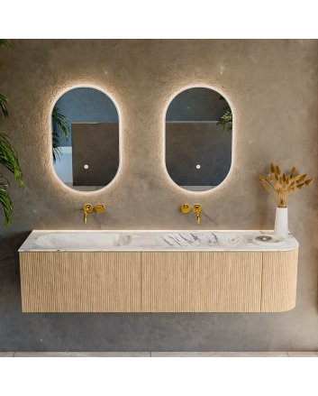 Mondiaz Kurve-Dlux 175cm badmeubel ronding Rechts kleur Oak met 2 lades en 1 deur. Wastafel Stor small Dubbel / Links zonder kraangat Glace.