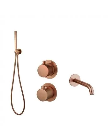 Sani DeLuxe Badset inbouw met box thermostaat, muurbevestiging / doucheslang, staafhanddouche / afwerkringen / rond Brons