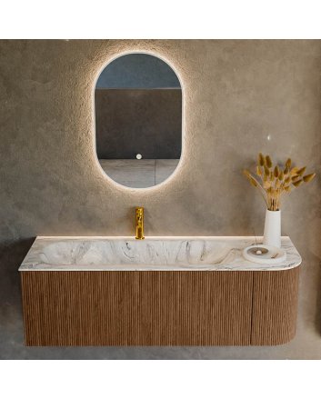 Mondiaz Kurve-Dlux 135cm badmeubel ronding Rechts kleur Walnut met 1 lade en 1 deur. Wastafel Big medium Links 1 kraangat Glace.