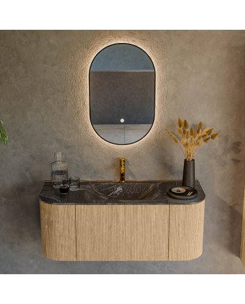 Mondiaz Kurve-Dlux 110cm badmeubel ronding Links + Rechts kleur Oak met 1 lade en 2 deuren. Wastafel Cloud Midden 1 kraangat Lava.