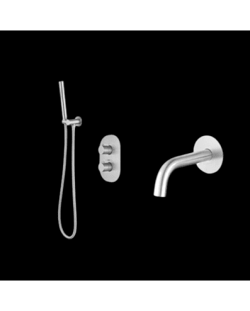 Sani DeLuxe Badset inbouw met box thermostaat, muurbevestiging / doucheslang, staafhanddouche rond RVS