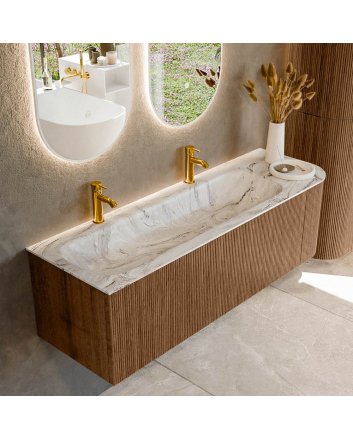 Mondiaz Kurve-Dlux 145cm badmeubel ronding Rechts kleur Walnut met 1 lade en 1 deur. Wastafel Big large Links 2 kraangaten Glace.