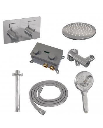 BRAUER Chrome Edition thermostatische inbouw regendouche met drukknoppen SET 59 met 20 cm douchekop en plafondarm en 3-standen handdouche en doucheslang en wandaansluitbocht chroom