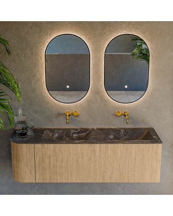 Mondiaz Kurve-Dlux 145cm badmeubel ronding Links kleur Oak met 1 lade en 1 deur. Wastafel Leaf Dubbel / Rechts zonder kraangat Lava.