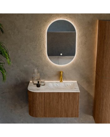 Mondiaz Kurve-Dlux 75cm badmeubel ronding Links kleur Walnut met 1 lade en 1 deur. Wastafel Grunne Rechts 1 kraangat Glace.
