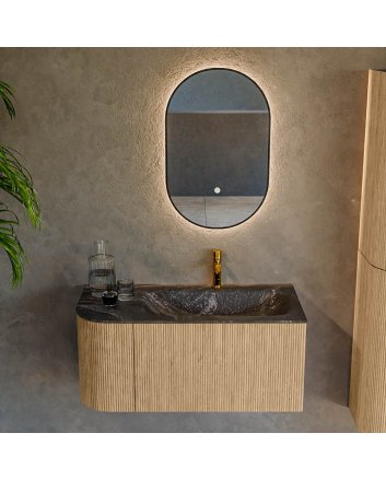 Mondiaz Kurve-Dlux 95cm badmeubel ronding Links kleur Oak met 1 lade en 1 deur. Wastafel Big small Rechts 1 kraangat Lava.