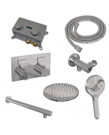 BRAUER Chrome Edition thermostatische inbouw regendouche met drukknoppen SET 55 met 20 cm douchekop en rechte muurarm en 3-standen handdouche en doucheslang en wandaansluitbocht chroom
