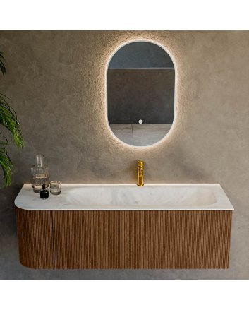 Mondiaz Kurve-Dlux 135cm badmeubel ronding Links kleur Walnut met 1 lade en 1 deur. Wastafel Big medium Rechts 1 kraangat Opalo.