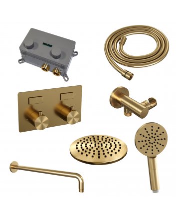 BRAUER Gold Edition thermostatische inbouw regendouche met drukknoppen SET 57 met 20 cm douchekop en gebogen muurarm en 3-standen handdouche en doucheslang en wandaansluitbocht goud geborsteld PVD