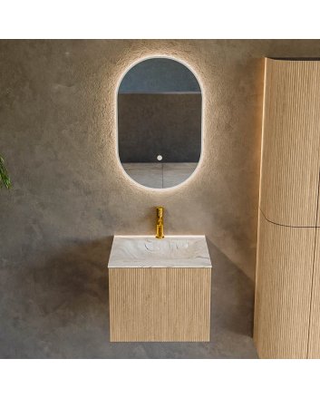 Mondiaz Kurve-Dlux 50cm badmeubel kleur Oak met 1 lade en 0 deuren. Wastafel Grunne Midden 1 kraangat Glace.
