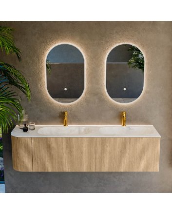Mondiaz Kurve-Dlux 165cm badmeubel ronding Links kleur Oak met 2 lades en 1 deur. Wastafel Stor small Dubbel / Rechts 2 kraangaten Ostra.