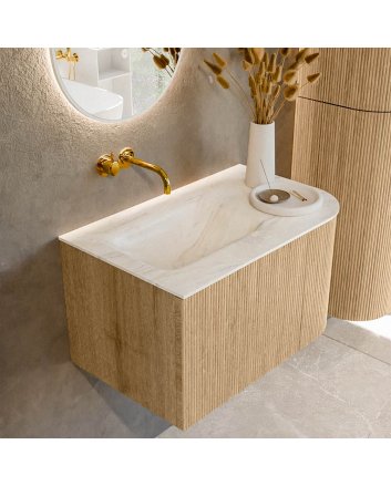 Mondiaz Kurve-Dlux 75cm badmeubel ronding Rechts kleur Oak met 1 lade en 1 deur. Wastafel Grunne Links zonder kraangat Ostra.