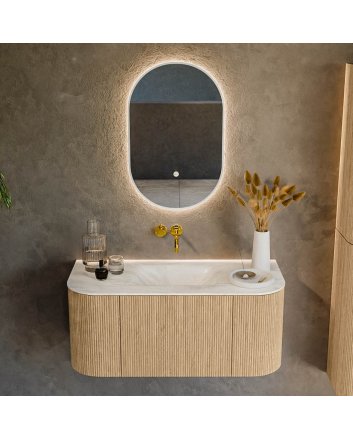 Mondiaz Kurve-Dlux 100cm badmeubel ronding Links + Rechts kleur Oak met 1 lade en 2 deuren. Wastafel Grunne Midden zonder kraangat Ostra.