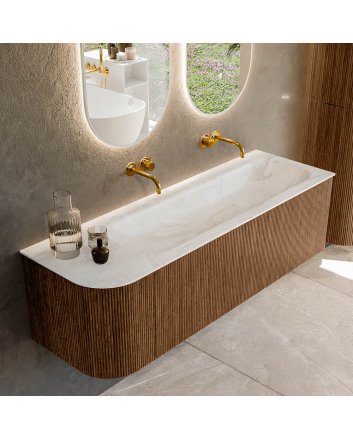 Mondiaz Kurve-Dlux 145cm badmeubel ronding Links kleur Walnut met 1 lade en 1 deur. Wastafel Big large Rechts zonder kraangat Ostra.