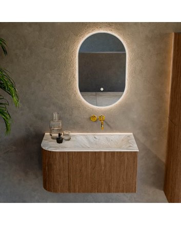 Mondiaz Kurve-Dlux 85cm badmeubel ronding Links kleur Walnut met 1 lade en 1 deur. Wastafel Cloud Rechts zonder kraangat Glace.