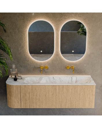 Mondiaz Kurve-Dlux 145cm badmeubel ronding Links kleur Oak met 1 lade en 1 deur. Wastafel Big large Rechts zonder kraangat Glace.