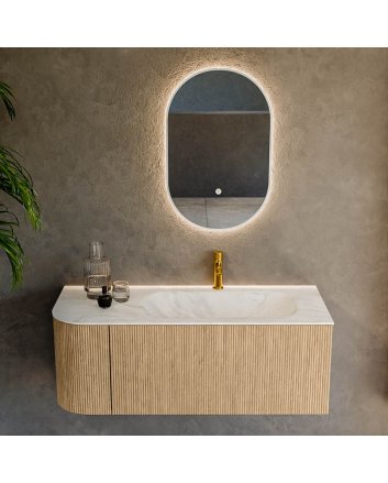Mondiaz Kurve-Dlux 115cm badmeubel ronding Links kleur Oak met 1 lade en 1 deur. Wastafel Big small Rechts 1 kraangat Ostra.
