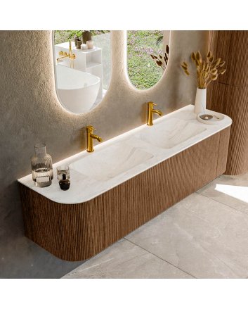 Mondiaz Kurve-Dlux 170cm badmeubel ronding Links + Rechts kleur Walnut met 1 lade en 2 deuren. Wastafel Leaf Dubbel 2 kraangaten Ostra.