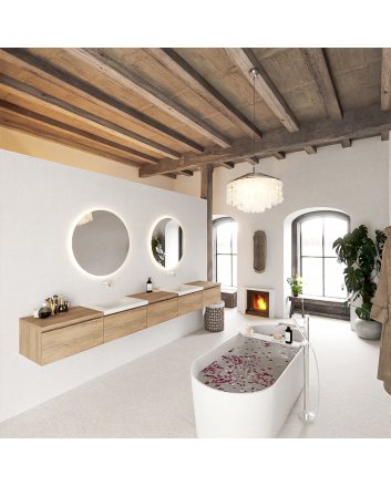 Mondiaz Bukla 300cm badmeubel met module 60 kleur Washed Oak met 5 lades. Wastafel Cloud dubbel 0 kraangaten kleur Talc.