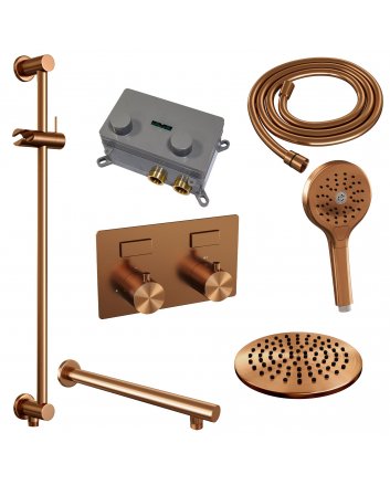 BRAUER Copper Edition thermostatische inbouw regendouche met drukknoppen SET 67 met 20 cm douchekop en rechte muurarm en 3-standen handdouche en doucheslang en geïntegreerde glijstang koper geborsteld PVD