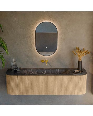 Mondiaz Kurve-Dlux 160cm badmeubel ronding Links + Rechts kleur Oak met 1 lade en 2 deuren. Wastafel Big medium Midden zonder kraangat Lava.