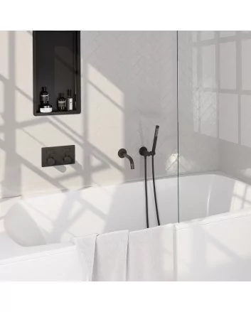 BRAUER Black Edition thermostatische inbouw badkraan met drukknoppen SET 03 met uitloop en staaf handdouche en doucheslang en wandaansluitbocht mat zwart