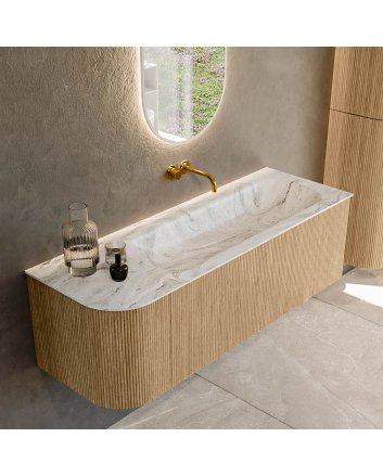 Mondiaz Kurve-Dlux 135cm badmeubel ronding Links kleur Oak met 1 lade en 1 deur. Wastafel Big medium Rechts zonder kraangat Glace.