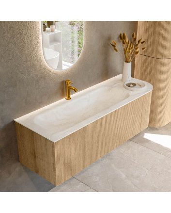 Mondiaz Kurve-Dlux 135cm badmeubel ronding Rechts kleur Oak met 1 lade en 1 deur. Wastafel Big medium Links 1 kraangat Ostra.